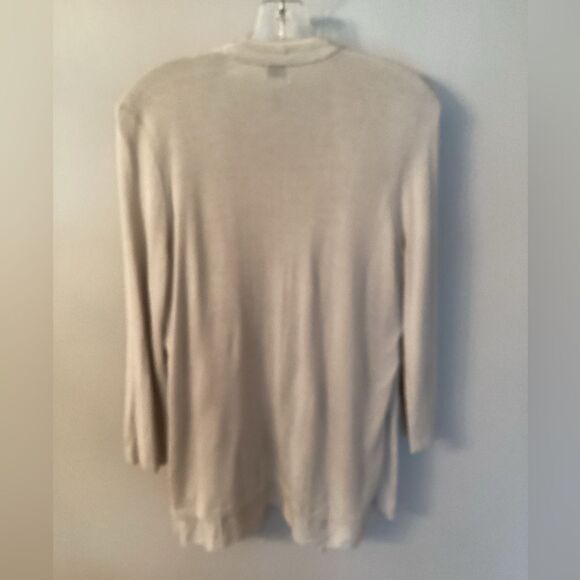 CHICO'S SIZE LARGE 12 TAN SILK BLEND LIGHTWEIGHT OPEN FRONT CARDIGAN SWEATER - Picture 3 of 6